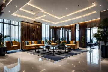 The stylish lobby of a condominium building, with modern decor and a welcoming, upscale ambiance