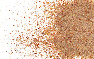 Ground, milled flaxseed, linseed flakes isolated on white, top view, clipping 