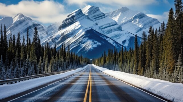 Winding road through the rocky mountains. Generative AI
