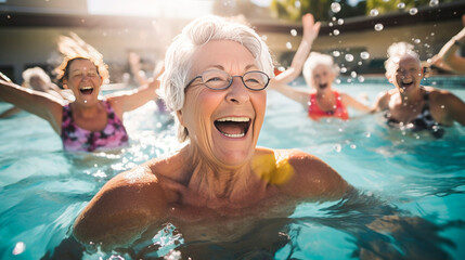 copy space, candid camera, Active senior people enjoying aqua fit class in a pool, displaying joy and camaraderie, embodying a healthy, retired lifestyle. Active and healthy elderly people, senior enj
