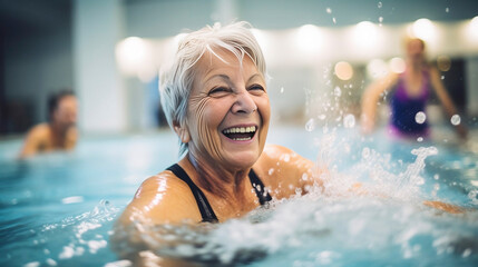 copy space, candid camera, Active senior people enjoying aqua fit class in a pool, displaying joy and camaraderie, embodying a healthy, retired lifestyle. Active and healthy elderly people, senior enj