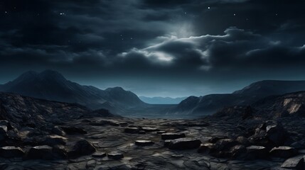 A majestic mountain landscape illuminated by a full moon