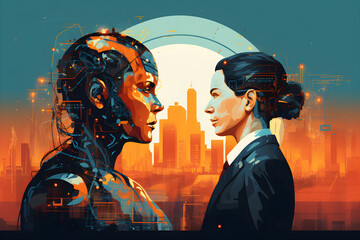 Women in technology business banner showing artificial intelligence robot with background. Generative AI.