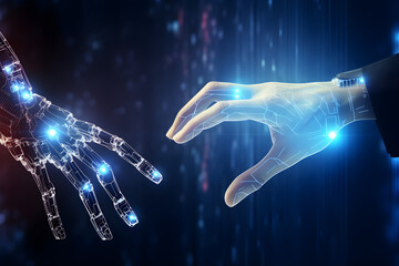 Artificial Intelligence AI banner showing robot and human hand touch. Machine and AI Augmentation background network illustration. Generative AI.