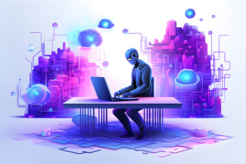 Artificial Intelligence AI Software as a Service SaaS consultancy banner concept illustration. Robot working on a laptop background. Generative AI.