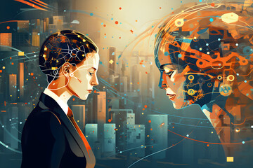 Artificial Intelligence in business companies concept illustration futuristic banner. Generative AI.