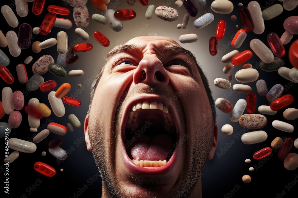 Poster head of a screaming man with lekarst capsules around.
