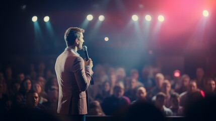 A man speaking to a large audience with confidence and authority