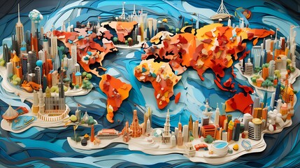 Education and Intelligence Collage with World Travel Theme, bulb, light, map, globe, generative AI	 - obrazy, fototapety, plakaty