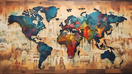 Education and Intelligence Collage with World Travel Theme, bulb, light, map, globe, generative AI	