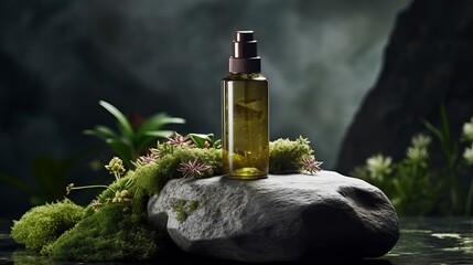 Cosmetic bottle with oils and serums on a moss-covered concrete stone podium.