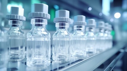 A row of bottles on a conveyor belt in a factory