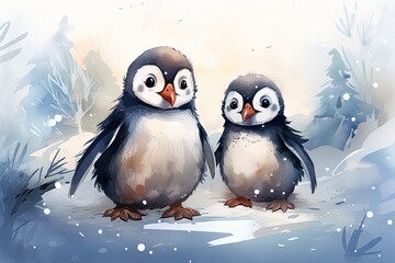 watercolor illustration two cute cartoon penguins on the snow
