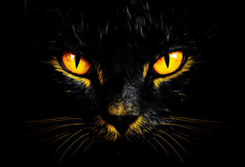 Bright glowing cats eyes against a dark background. Halloween eyes