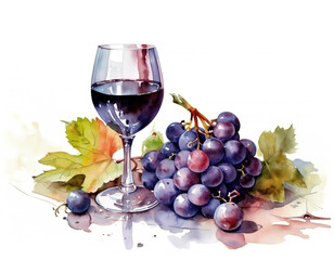 watercolor illustration of a glass of red wine and grapes on a white background