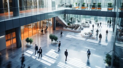 People exploring a modern lobby with vibrant decor and unique architectural features