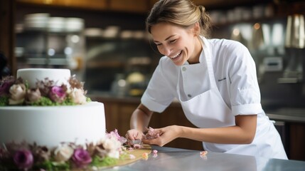 Young beautiful pastry chef preparing a wedding cake. Generative AI