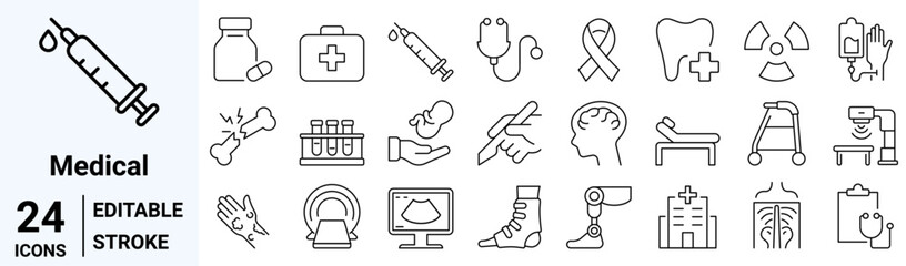 Set of 24 outline icons healthcare medical. Medical care. Dermatology, gynecology, oncology, dentistry. Editable stroke Vector illustration.