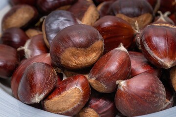 Chestnuts. Concept of seasonal fruit and nutrition in the autumn season.