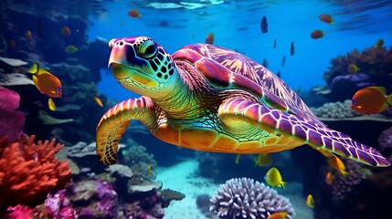 Fototapeta na wymiar A majestic green turtle gracefully swimming over a vibrant coral reef