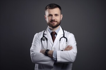 Fototapeta premium Healthcare, medical staff concept. Portrait of smiling male doctor posing with crossed arms on gray background, free space. Professional general practitioner. Generative ai