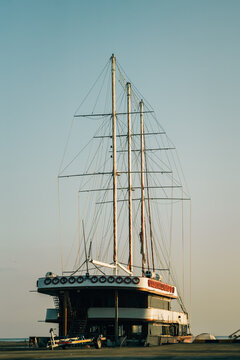 an old sailboat at the pier. sailboat at sea, high quality photo.