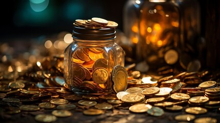 Glass jar with coins. A vintage steampunk-inspired golden coins. - obrazy, fototapety, plakaty