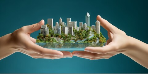 Hand Holding a Miniature City Model with Trees and Cityscape Backdrop
