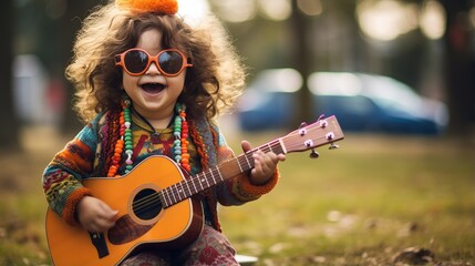 Funny hippie style toddler. Generative AI - obrazy, fototapety, plakaty
