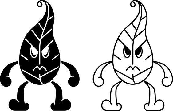 black, white illustration of angry leaf character. line art, silhouette, simple, sketch concept. used for mascot, logo, symbol, sign, print, drawing book, coloring