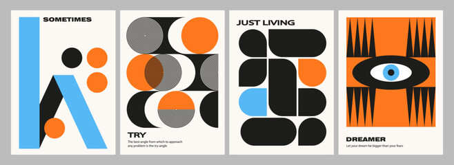 A set of minimalistic posters for the interior in the Bauhaus style. Retro art with motivational quotes. Geometric bright shapes
