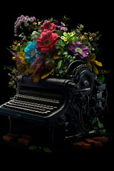 Obraz premium A typewriter with a bunch of flowers. Muse. Writer inspiration. Generative AI