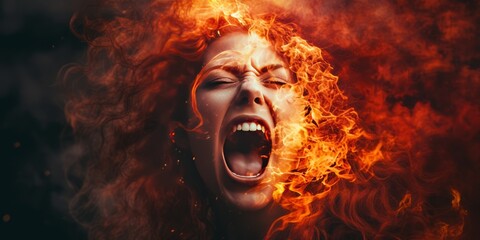 Uncontrollable Fiery Tantrum: A Woman with a Fiery Tongue Standing in Flames Screaming in Anger