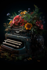 A typewriter with a bunch of flowers. Muse. Writer inspiration. Generative AI