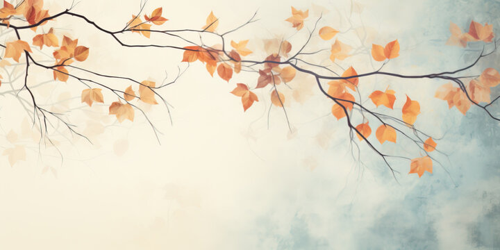 Illustration of a twig with colored autumn leaves. Generative AI.