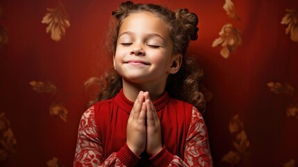 Fototapeta premium Cute child girl praying with a smile asking for gifts from Santa Claus. Generating AI