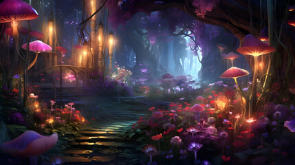 Fototapeta premium Magical fairy fantasy wood, large trees, flowers and mushrooms, late at night