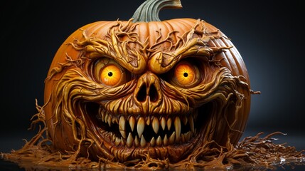 scary halloween pumpkin. Cut out eyes and mouth from a root vegetable. jack o'lantern decoration for celebration.