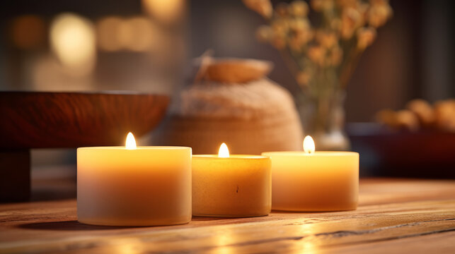 Three lit candles on a wooden table