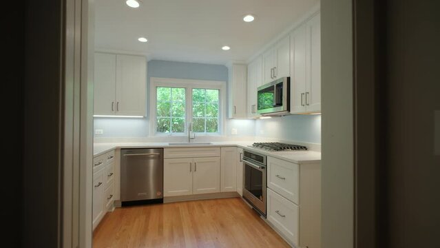 Elements of Modern new Kitchen Interior Design in a newly renovated house, move wide shot