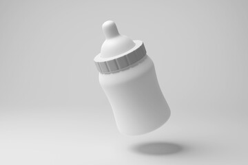 White baby milk bottle floating in mid air on white background in monochrome and minimalism. Illustration of the concept of baby and kid food businesses