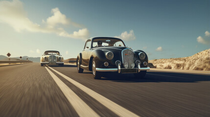 Timeless Elegance Meets Modern Swiftness: Vintage Car Overtaking with a Time Warp Twist, Nostalgia in Motion.