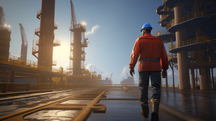Journey to the Rig: Offshore Oil Worker Approaches Hazardous Maintenance Area at Oil and Gas Facility