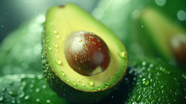 A fresh avocado with water droplets on its smooth green skin
