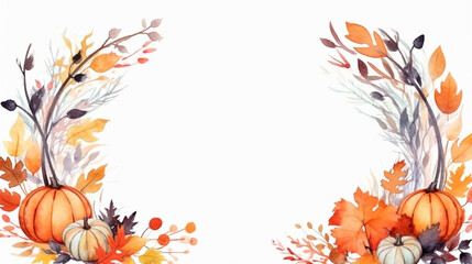 Cute Thanksgiving, Fall, or Halloween Pumpkin Wreath Illustration in Watercolor Children's Book Art Style - Fall Leaves In Circular Formation Framing Empty Copy Space