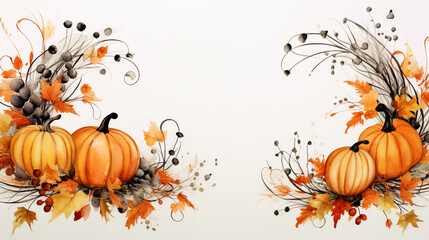 Cute Thanksgiving, Fall, or Halloween Pumpkin Wreath Illustration in Watercolor Children's Book Art Style - Fall Leaves In Circular Formation Framing Empty Copy Space