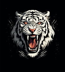 Wildes Brüllen eines räuberischen bösartigen weißen Tigers auf schwarzem Hintergrund