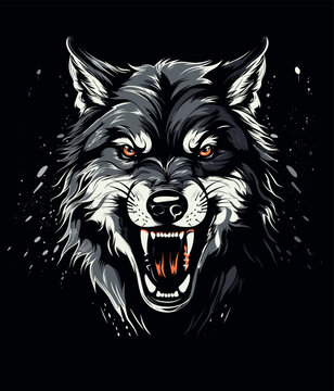 Wilder Wolf brüllend mit Wut auf dunklem Hintergrund