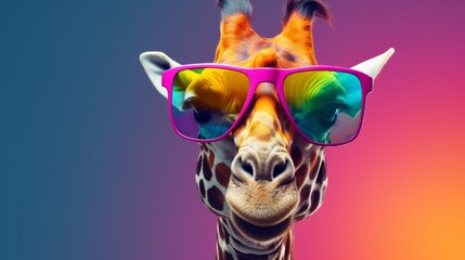 A giraffe wearing pink sunglasses
