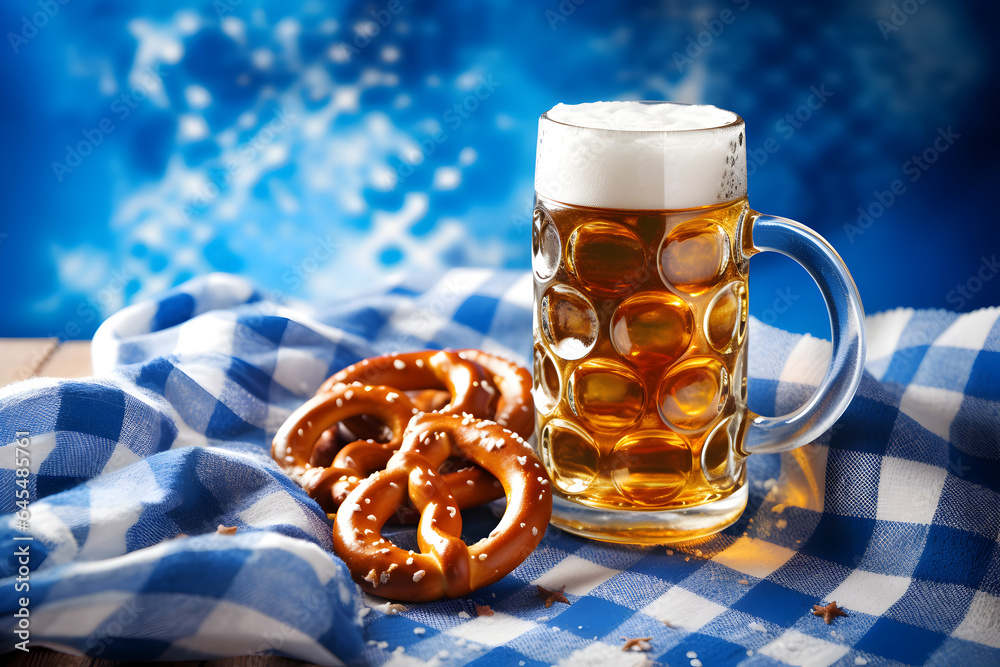 Wall mural Oktoberfest beer mugs and pretzels on a wooden table with traditional towel at blue background.